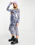 Asos Design Long Sleeve Mesh Midi Dress With Tie Waist Detail In Blue Swirl Print-multi
