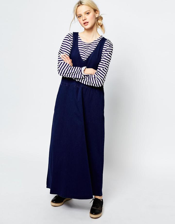 Monki Denim Sleeveless V Neck Dress - Blue