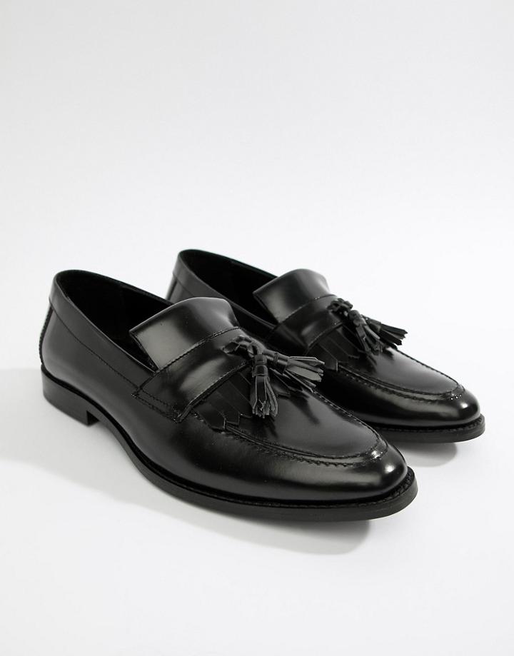 Walk London North Fringe Tassel Loafers In High Shine Black - Black