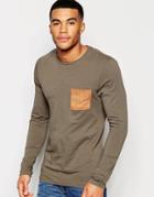 Asos Muscle Long Sleeve T-shirt With Faux Suede Pocket - Khaki