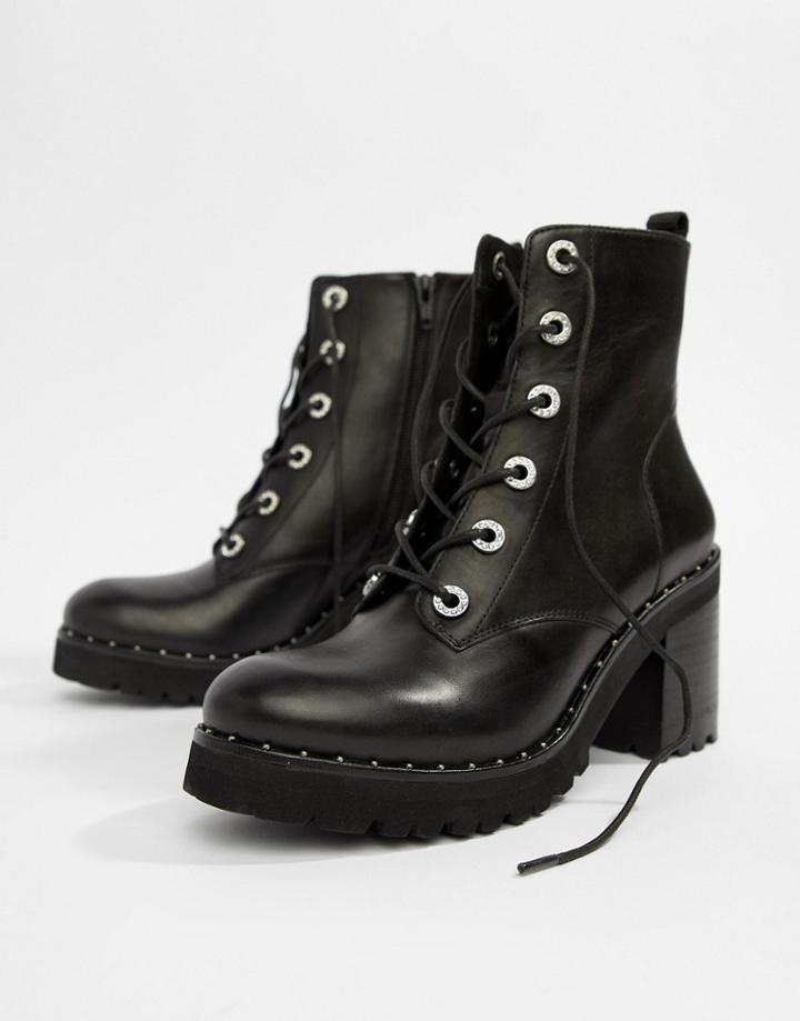 Steve Madden Xina Leather Lace Up Heel Boot - Black