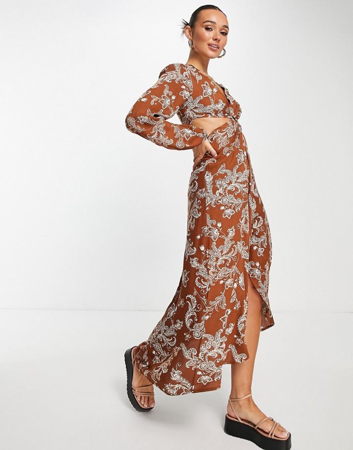 River Island Cut Out Detail Maxi Dress In Brown Floral Paisley Print