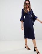 Asos Design Midi Wrap Dress With Flutter Sleeves - Navy