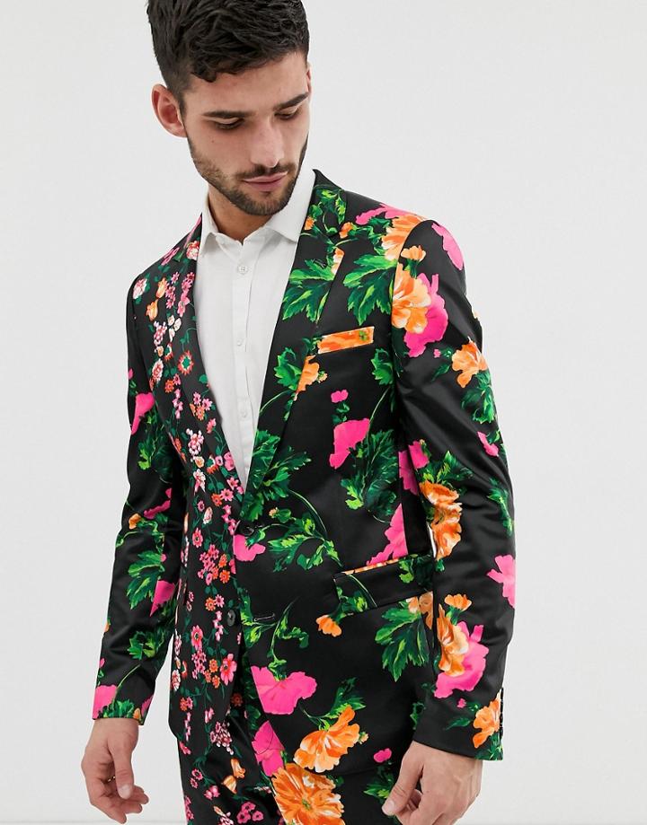 Asos Design Skinny Suit Jacket In Cut And Sew Black Floral - Black