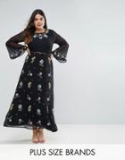 Frock And Frill Plus Embroidered Floral Maxi Dress With Fluted Sleeve - Black