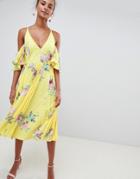 Asos Design Pleated Plunge Midi Floral Print Dress - Multi