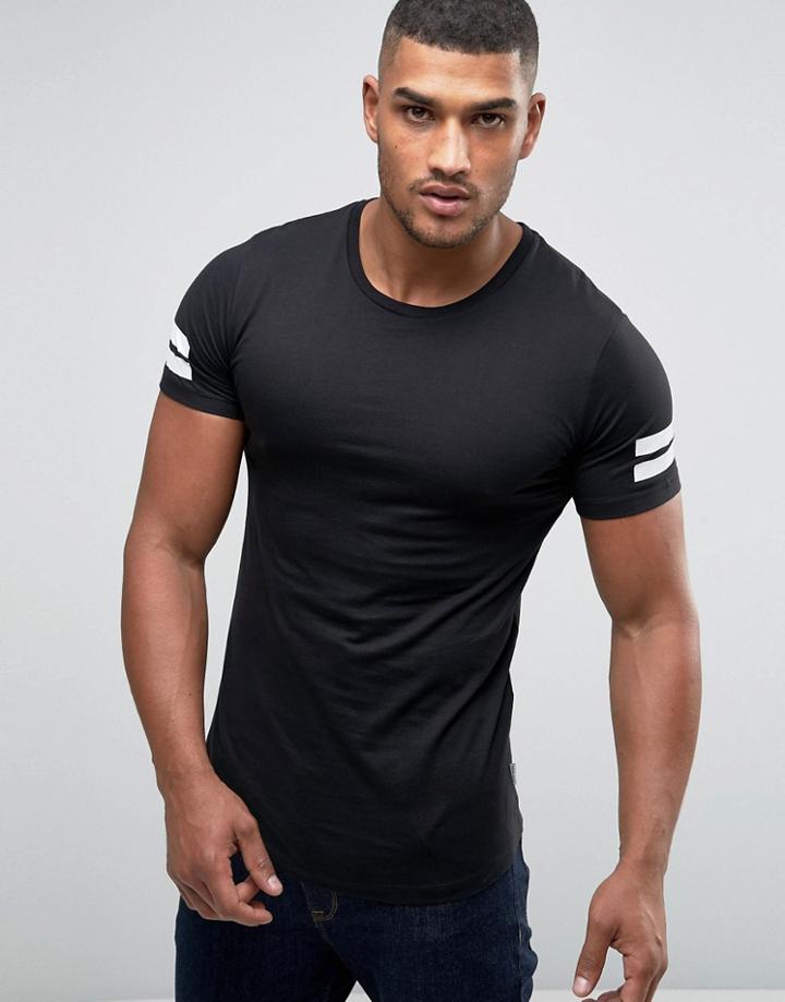 Jack & Jones Longline T-shirt With Curved Hem And Arm Stripes - Black