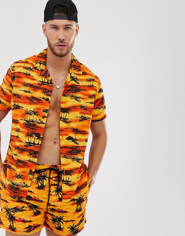 New Look Shirt With In Orange Palm Print - Orange
