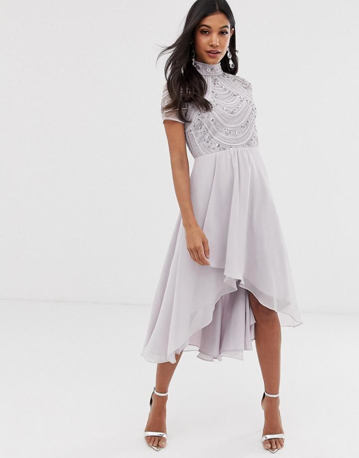Asos Design Midi Dress With Short Sleeve Embellished Bodice - Multi