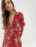 Hope & Ivy Plunge Front Contrast Print Blouse In Red Floral