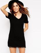 Asos T-shirt Dress With Pom Pom Hem - Black