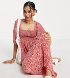 Lola May Petite Shirred Bust Midi Smock Dress In Red Floral Print
