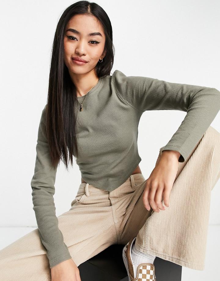 Asos Design Top With Scarf Hem In Waffle In Khaki-green