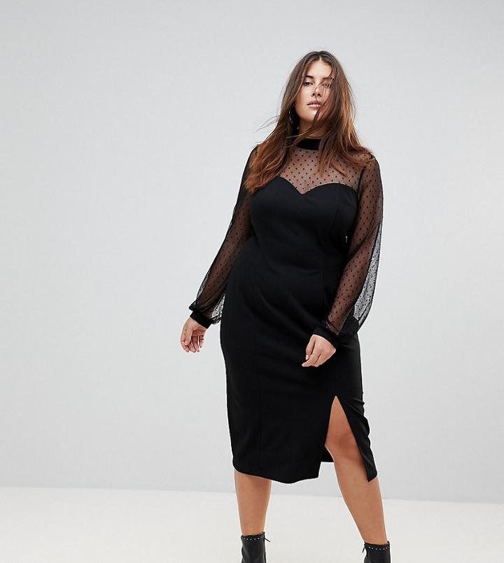 Asos Curve Long Sleeve Dobby Mesh Sweetheart Neck Midi Dress - Black