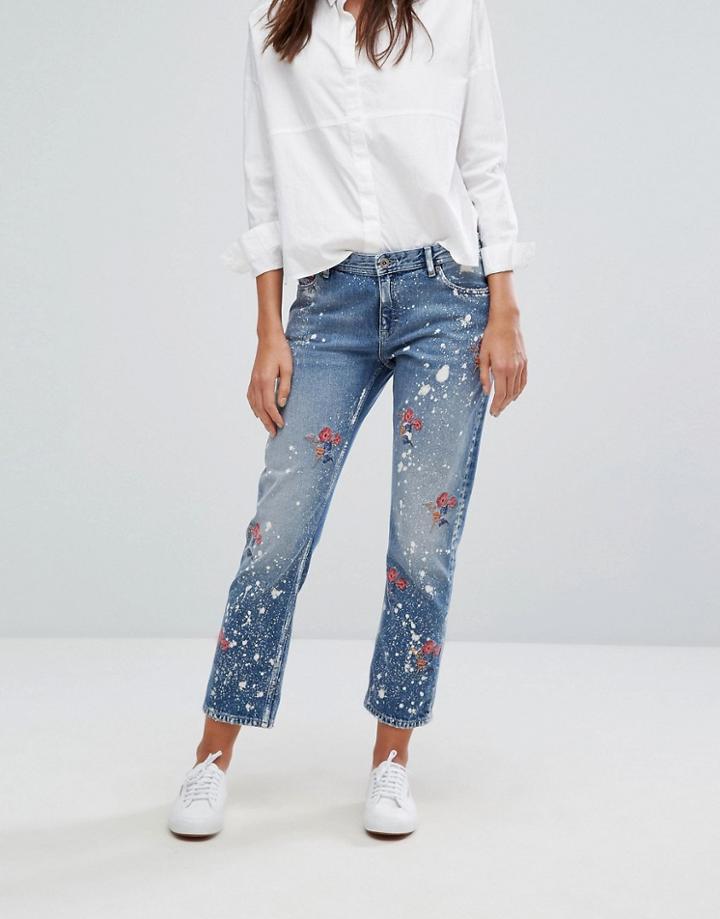 Tommy Hilfiger Denim Paint Splatter Embroidered Straight Crop Jean - Blue