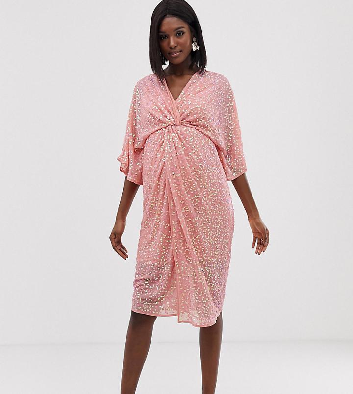 Asos Design Maternity Scatter Sequin Knot Front Kimono Midi Dress-pink