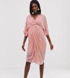 Asos Design Maternity Scatter Sequin Knot Front Kimono Midi Dress-pink