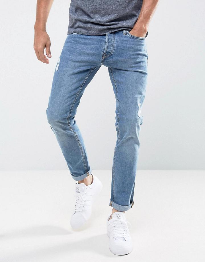 Jack & Jones Jeans In Slim Fit With Rip Repair Detail - Blue