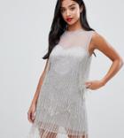 Asos Design Petite Mini Dress With Embellished Fringe-silver