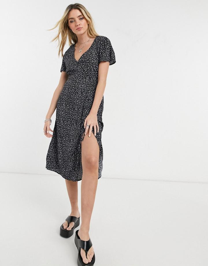 Cotton: On Ruched Midi Dress In Ditsy Black