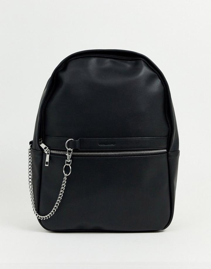 Asos Design Faux Leather Backpack In Black With Silver Zip And Chain Detail