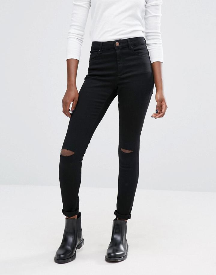 Asos Ridley Skinny Jeans In Clean Black With Displaced Ripped Knees -
