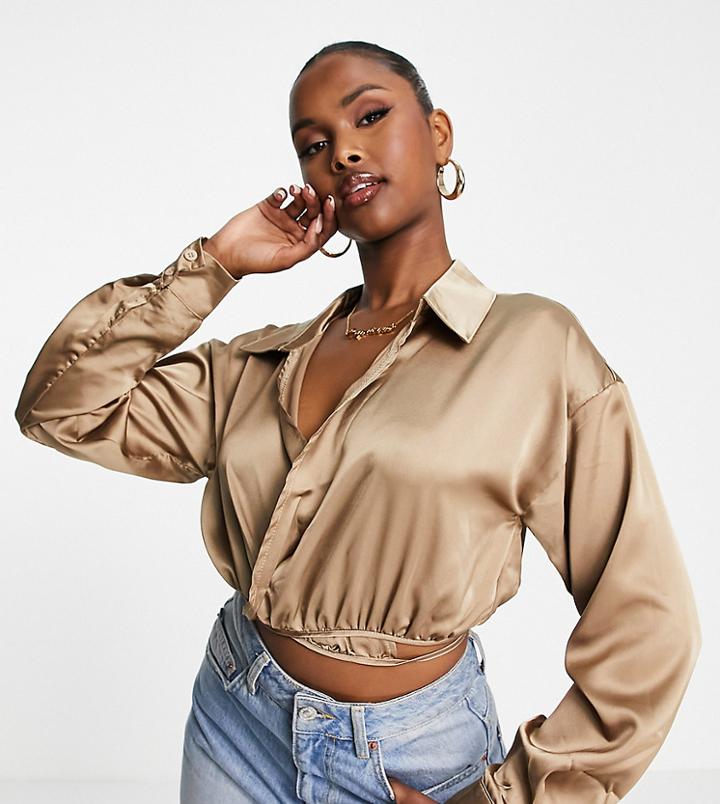 Missguided Satin Wrap Blouse In Champagne - Part Of A Set-neutral