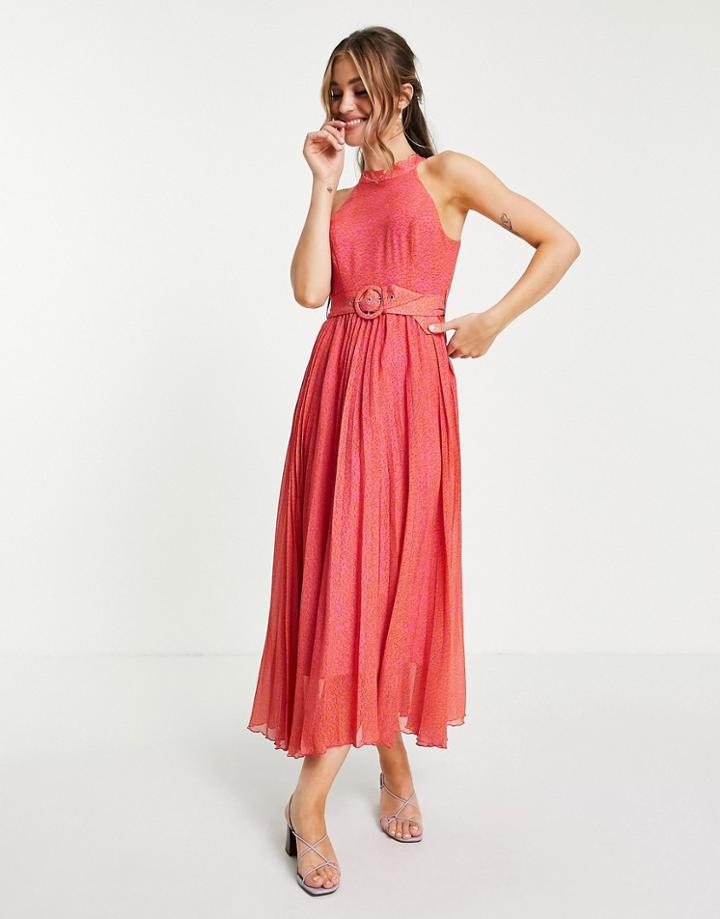 Style Cheat Halterneck Pleated Midaxi Dress With Belt In Red Animal Spot-multi