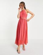 Style Cheat Halterneck Pleated Midaxi Dress With Belt In Red Animal Spot-multi