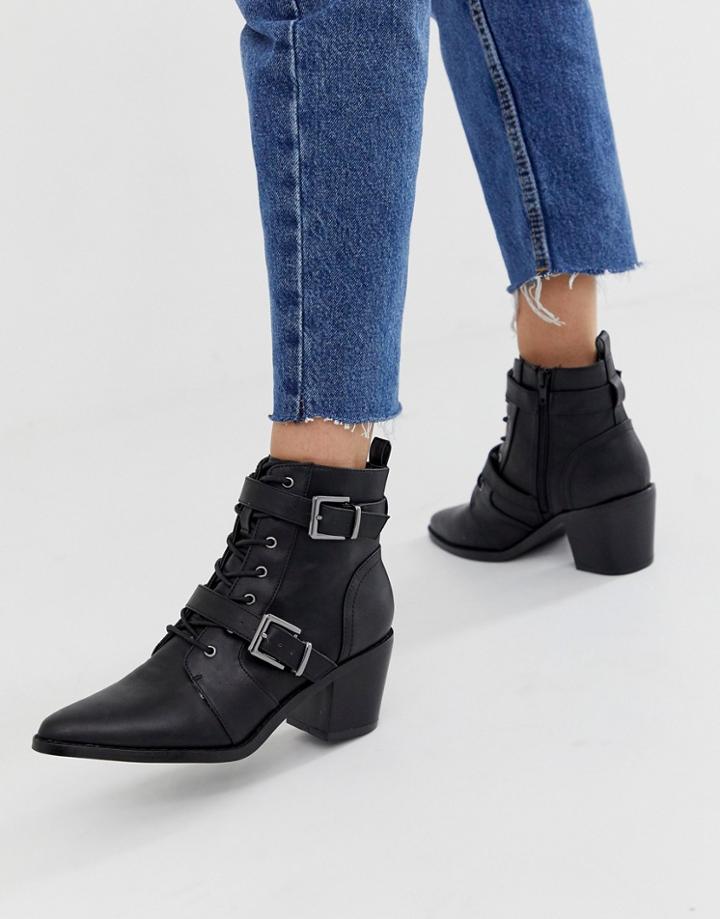 New Look Western Buckle Heeled Boot In Black - Black