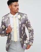 Asos Wedding Super Skinny Blazer In Gray Floral Print - Gray