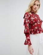 Missguided Rose Print Ruffle Blouse - Red
