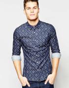 Asos Skinny Denim Shirt With Diamond Print In Long Sleeve - Rinse Wash