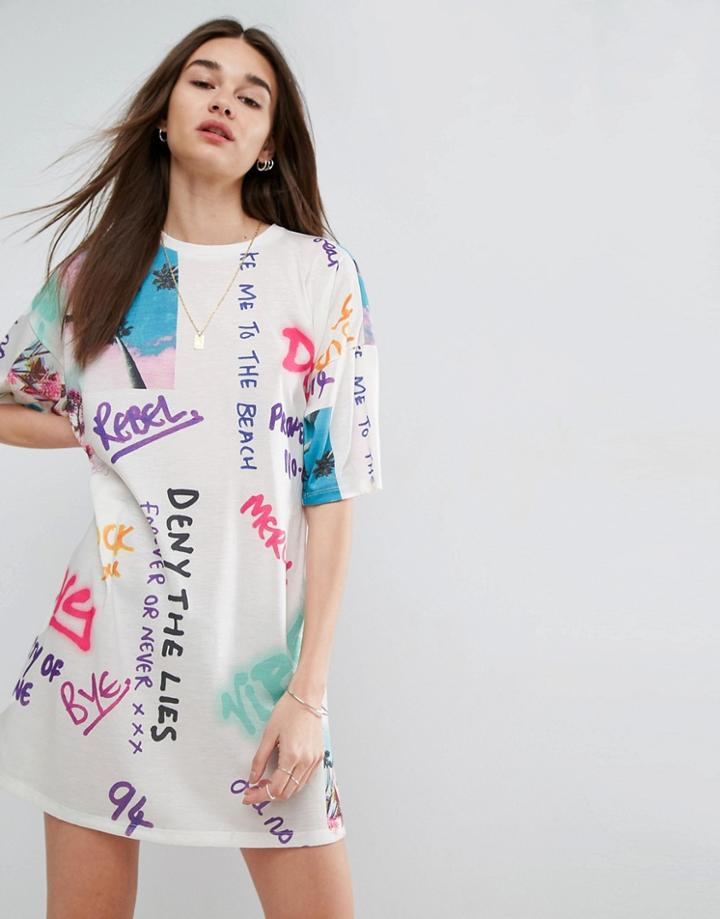Asos Graffiti Print T-shirt Dress - Multi