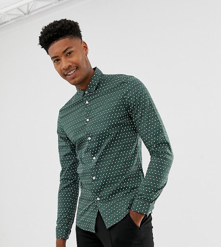 Asos Design Tall Stretch Slim Smart Shirt With Diarmond Print In Green - Green