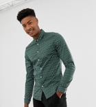 Asos Design Tall Stretch Slim Smart Shirt With Diarmond Print In Green - Green