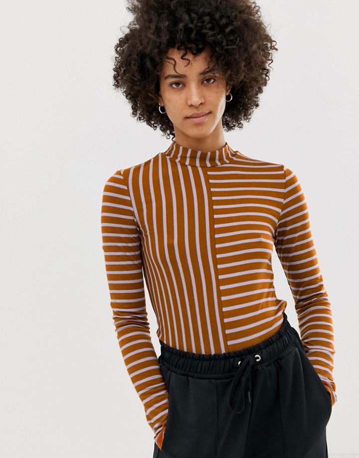 Pieces Aluma High Neck Stripe Long Sleeved Top - Brown