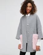 Helene Berman Wool Blend Kimono Coat With Faux Fur Pockets - Gray