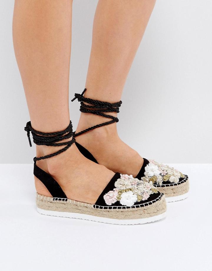 Asos Jersey City Embellished Tie Leg Espadrilles - Black
