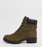 New Look Wide Fit Lace Up Flat Hiker Boot In Dark Khaki-green