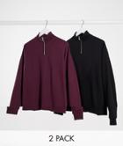 Asos Design Oversized Half Zip Sweatshirt With Half Zip 2 Pack In Black/burgundy-multi
