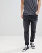 Asos Tapered Jeans In Washed Black With Faux Leather Rip & Repair