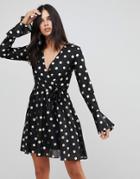 Club L Polka Dot Wrap Dress With Flute Sleeve - Black