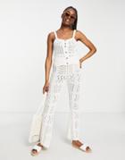 Asos Design Crochet Beach Top With Button Placket In Cream - Part Of A Set-white