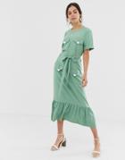 Asos Design Pep Hem Midi Dress With Pockets - Green