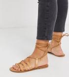 Asos Design Wide Fit Violet Leather Tie Leg Gladiator Sandals In Tan-brown