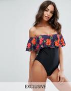Missguided Frill Bardot Printed Swimsuit - Multi