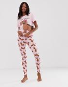 Asos Design Sausage Dog Bow Pyjama Legging Set - Multi