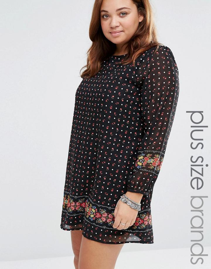 Yumi Plus Shift Dress In Floral Polka Border Print - Black