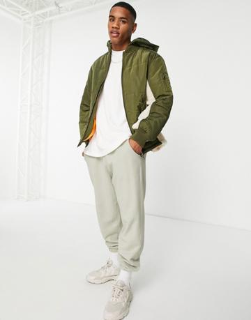Urbancode Hooded Bomber Jacket With Sherpa Trim In Khaki-green